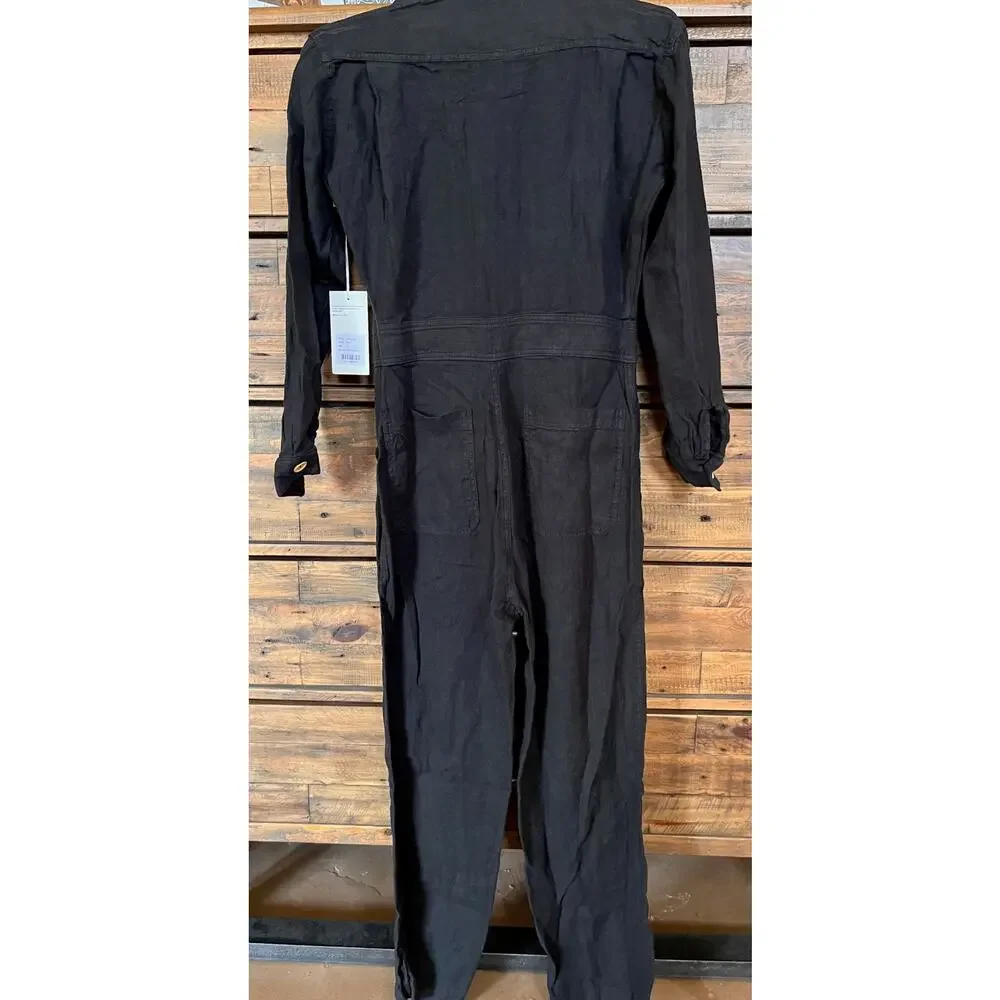 NEW MATE THE LABEL Long Sleeve 100% Linen Jumpsuit - Jet Black SIZE S - Picture 3 of 13